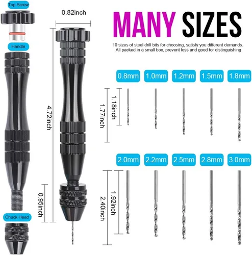 Miniatura 2 de LEOBRO Taladro manual para moldes de resina, tornillo de banco de 12 cm negro con 10 piezas de brocas de acero (0.8-3mm), para taladrar agujeros
