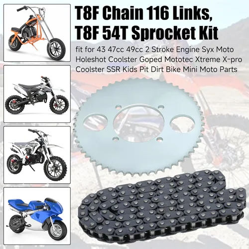 Miniatura 2 de YOXUFA Cadena T8F 116 Eslabones Piñón Trasero de 54T 54mm de Diámetro con Rompecadena para 43cc 47cc 49cc 2 Tiempos SSR SX50 Scooter Syx Mini Moto