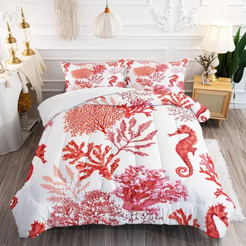 Suncloris Juego de edredón coral océano para niños y adultos, edredón tamaño Queen con temática de hipocampo tropical rojo con 2 fundas de almohada