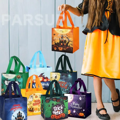 Miniatura 5 de PARSUP 16 bolsas bronceadoras de Halloween para dulce o truco, bolsas de Halloween con asas, bolsas de regalo metálicas, bolsas de Halloween
