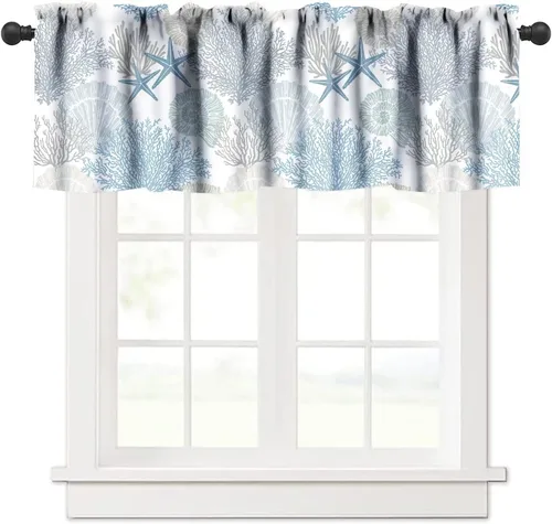 Miniatura 14 de JESTRONRY Cenefa de ventana con diseño de estrella de mar, diseño tropical de conchas marinas oceánicas, cenefa de cortina para decoración de cocina