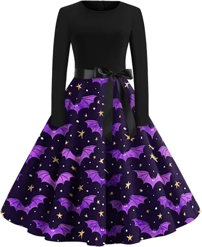 Vestido de Halloween para mujer, de manga larga, con vuelo, de cóctel de los años 50, vestido de calabaza y esqueleto impreso, disfraz de fiesta de