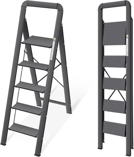 Miniatura 9 de KINGRACK Escalera de escalón, 2 escalones, escalera plegable con pasamanos, escalera antideslizante de seguridad plegable para el hogar, taburete