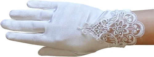 ZAZA BRIDAL Guantes de satén para niña con detalles bordados y diamantes de imitación
