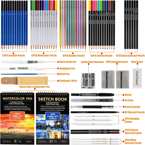 Miniatura 2 de Drawdart Art Supplies - Juego de lápices de dibujo, 76 unidades, kit de dibujo profesional con cuaderno de bocetos y bloc de acuarela, incluye