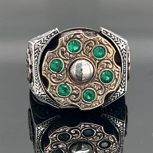 Miniatura 2 de Men Handmade Emerald Stone Ring, Rotating Split Ring, Micro Stone Ring, Ottoman Style Silver Ring, 925k Sterling Silver Ring
