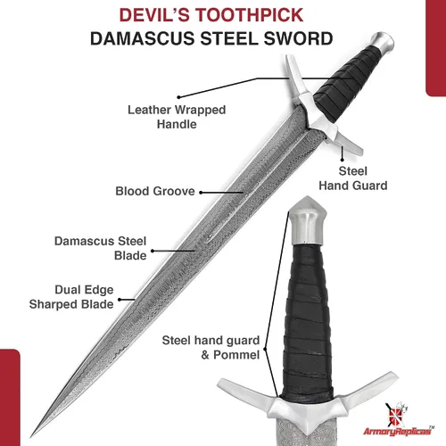 Miniatura 3 de Armory Replicas™ SS/KA Palillo de dientes del diablo Damasco Daga de Acero Espada Corta con Funda de Cuero