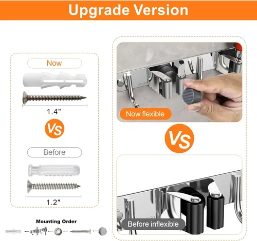Miniatura 7 de CUXIXA Organizador de escoba y trapeador para colgar en la pared, soporte de pared mejorado para trapeador y escoba, soporte de pared de acero Plata