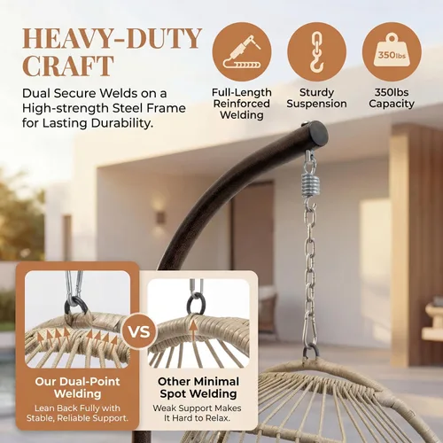 Miniatura 7 de RADIATA Silla de huevo para exteriores con soporte, 350 libras, silla colgante resistente con cojín acolchado, hamaca plegable de ratán resistente a