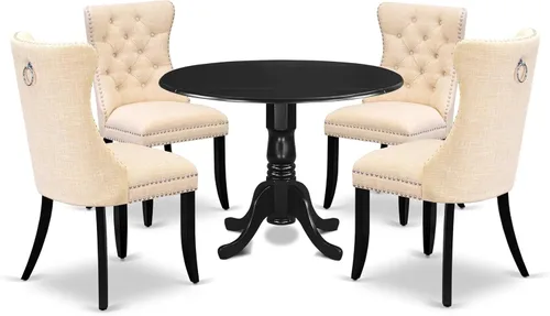 East West Furniture DLDA5-BLK-32 - Juego de mesa de comedor de 5 piezas contiene una mesa de cocina redonda con gotas y 4 sillas tapizadas de tela