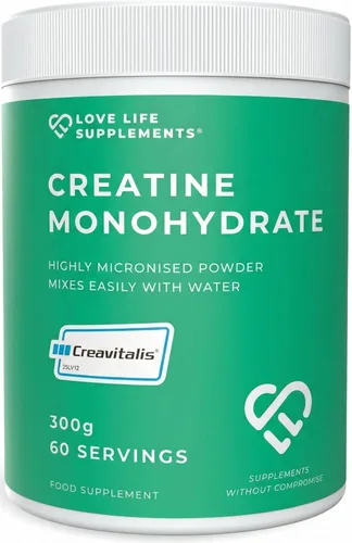 Love Life Supplements Creavitalis® creatina monohidrato en polvo 10.58 oz, 60 porciones, micronizado, sin sabor, vegano, crecimiento muscular,