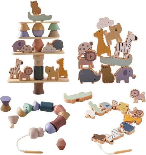 Juguetes de animales de madera con cuentas para enhebrar y abrochar para niños de 3, 4 y 5 años, bloques apilables y juguete de equilibrio, juguete