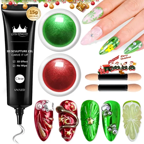 Miniatura 9 de Kit de gel de uñas 3D y polvo de uñas cromado BISHENGYF: 0.53 oz No Wipe Gel de Escultura 3D Aurora Rosa Azul Oro Cromo Polvo de uñas con pegamento