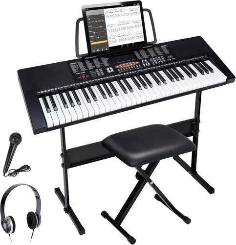 ZENY Piano de teclado eléctrico portátil de 61 teclas con altavoces integrados, pantalla LED, auriculares, micrófono, soporte para piano, soporte