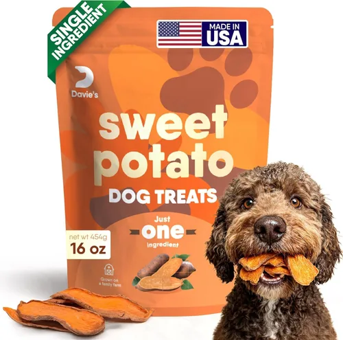 Golosinas de Batata Dulce para Perros Davie's - Masticables saludables y naturales para perros, bajos en grasa, bolsa de 1 libra