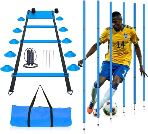 Equipo de entrenamiento de agilidad de fútbol, incluye escalera de agilidad de 20 pies, 6 postes de agilidad ajustables, 10 conos de disco, juego de