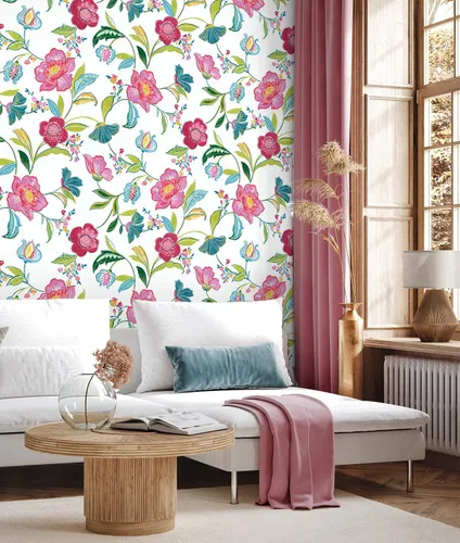 Miniatura 2 de NextWall Papel tapiz autoadhesivo con diseño floral (magenta y blanquecino)