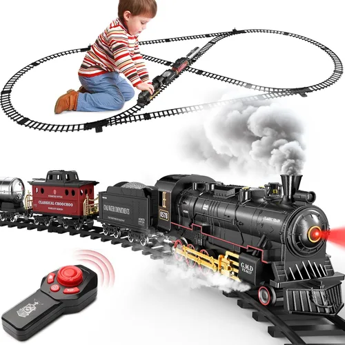 Hot Bee Juego de tren para niños, juguetes de tren de aleación a control remoto con locomotora de vapor, vagones de carga, vías, trenes con luces de