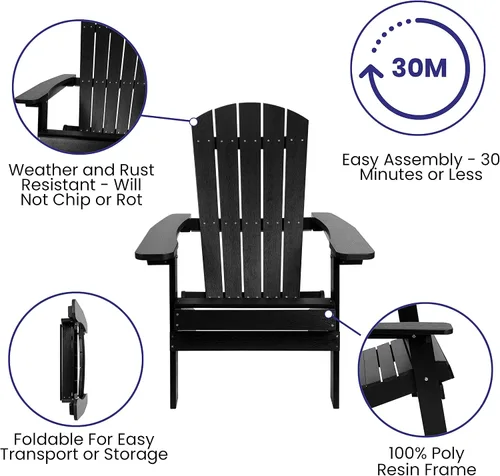 Miniatura 4 de Flash Furniture Charlestown – Silla plegable Adirondack de poliresina para interiores o exteriores, resistente a la intemperie, color negro