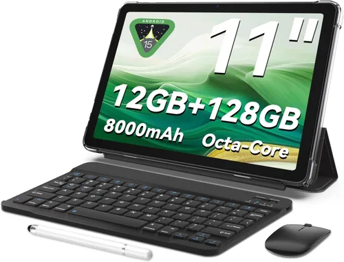 Tableta Android 15 de 11 pulgadas | Octa-core | 12GB RAM+128GB ROM | Tablet de 8000mAh con teclado | Mouse | Funda | WiFi de doble banda | BT 5.0 |