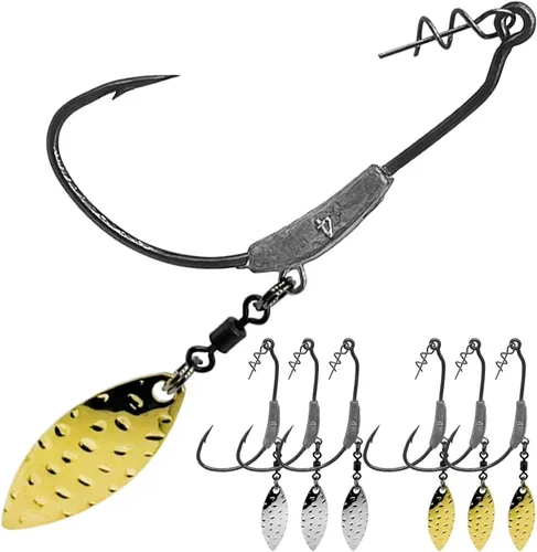Miniatura 13 de Ganchos de natación con peso, 6 anzuelos Underspin Swimbait con Twistlock, ganchos de manivela con peso con cuchillas giratorias doradas/plateadas