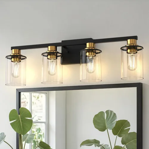 Miniatura 14 de DORESshop Lámparas de baño, 3 luces negras y doradas para baño sobre espejo con pantalla de vidrio transparente, luces de tocador para baño, Negro