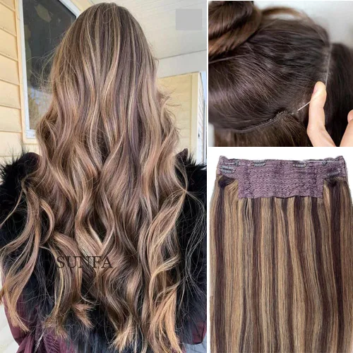 Miniatura 13 de Extensiones de cabello con alambre negro, extensiones de cabello balayage, extensiones de cabello con alambre de cabello humano, 14 pulgadas 70 g