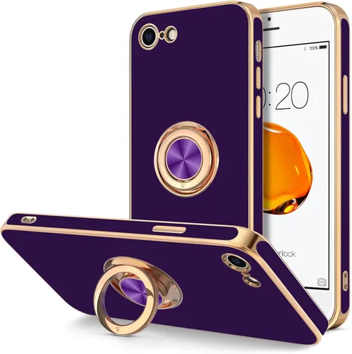 Miniatura 10 de Hython Funda para iPhone SE 2022, iPhone SE 2020, iPhone 7, iPhone 8 con soporte de anillo soporte magnético, chapado en oro rosa, TPU suave, Negro