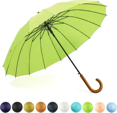 Miniatura 35 de SoulRain Paraguas de palo de 16 varillas de 48 pulgadas, apertura automática, color sólido, moderno y simple, mango de madera clásico de arco