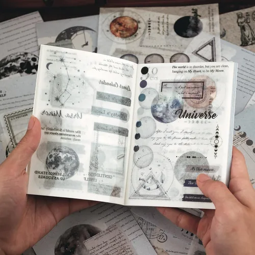 Dizdkizd Calcomanías Washi con Temática Celestial para Journaling, Libro de Calcomanías de Efímera Vintage con 180 Calcomanías de Planetas y 20