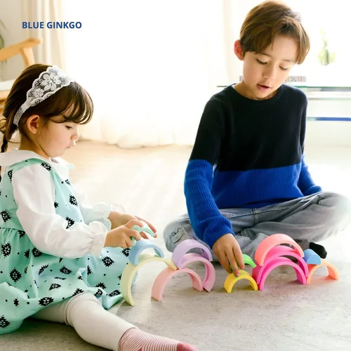 Miniatura 4 de BLUE GINKGO - Rompecabezas de silicona de arcoíris apilables - Rompecabezas de anidación arcoíris Montessori Juguete de apilar para niños y niños