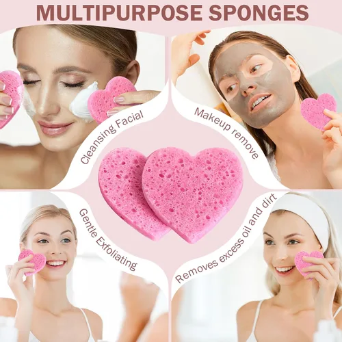 Miniatura 6 de Dandat 300 esponjas faciales comprimidas en forma de corazón, esponjas faciales para limpieza, almohadillas exfoliantes faciales naturales para Rosa