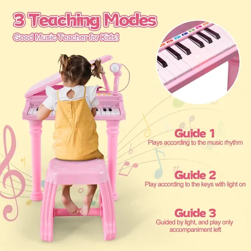 Miniatura 2 de Honey Joy - Piano mini clásico para niños con atril y taburete, piano electrónico portátil, instrumento musical educativo, juguete con micrófono