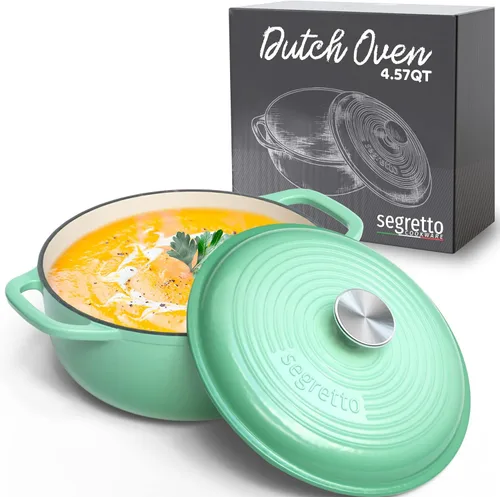 Miniatura 15 de Segretto Cookware Horno holandés de hierro fundido esmaltado, 6 cuartos de galón, verde claro Verde Chiaro (verde claro)