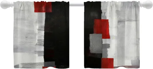 Miniatura 160 de Shrahala Beige and Orange Abstract Art Brushstrokes Blackout Curtain Tiers, Abstract Oil Paint Kitchen Valance Light Blocking Tier Drapes with Rod