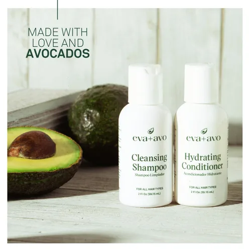 Miniatura 7 de EVA + AVO Kit de viaje de champú y acondicionador de aguacate, 2 onzas líquidas, limpieza suave sin sulfatos para cuero cabelludo seco, cabello