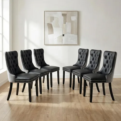 Miniatura 125 de OVENTA Juego de 4 sillas de comedor modernas tapizadas copetudas, terciopelo negro y gris y cuero con patas de madera maciza, sillas de cocina