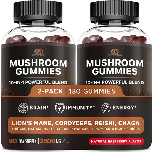 Effective Nutra Gomitas de hongos de 2500 mg – Melena de León 10 en 1, Reishi, Chaga, Cordyceps y más – Enfoque, claridad, memoria, inmunidad,