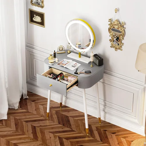 Miniatura 4 de WinZo Mesa de tocador de 24" con espejo y luces, pequeña mesa de tocador de maquillaje con 1 cajón de almacenamiento, elegante mesa de tocador