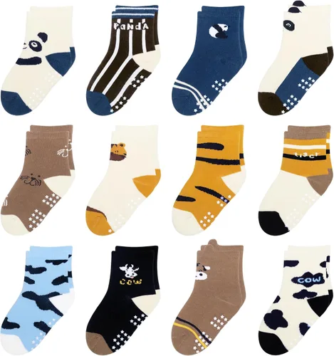 Miniatura 19 de 12 paquetes de calcetines antideslizantes para niños y bebés con agarre para niños de 1-7 años, calcetines de algodón de tripa para niños y niñas