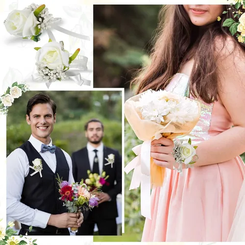 Miniatura 5 de Geosar Juego de 12 ramilletes blancos de boda y boutonniere para novia, dama de honor, incluye 6 muñequeras artificiales y 6 boutonniere