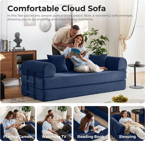 Miniatura 8 de Sofá cama convertible 5 en 1, espuma de alta densidad de 79 pulgadas con asiento de felpa y reposabrazos rectos, cama plegable sin montaje para sala