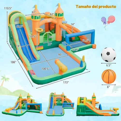 Miniatura 3 de BOUNTECH Tobogán acuático inflable, tobogán acuático 9 en 1 para niños, castillo de salto con fútbol acuático, piscina grande para salpicaduras