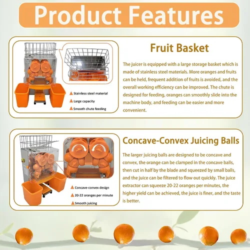 Miniatura 4 de Máquina exprimidora naranja comercial de 110 V, extractor automático de acero inoxidable naranja con engranajes de acero, 2 cáscaras que recogen
