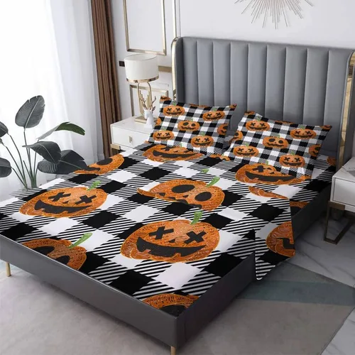 Miniatura 10 de Juego de sábanas de Halloween para niños y niñas, juego de sábanas espeluznantes de tela de araña, calabaza fantasma, microfibra suave, bolsillo