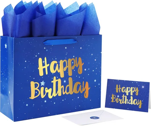Qirrmiy Juego de bolsa de regalo azul grande de 13 pulgadas con tarjeta de felicitación y papel de seda (estrellas y lámina dorada, feliz (L)Azul