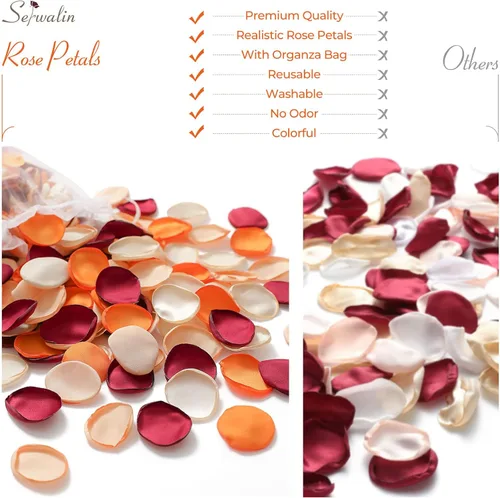 Miniatura 5 de Serwalin 300 piezas de pétalos de rosa de seda, pétalos de flores para bodas, pétalos burdeos, dorados, blancos, pétalos falsos naranjas