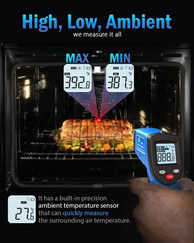 Miniatura 4 de Termómetro infrarrojo, pistola de temperatura digital para cocinar -58~752 ℉, con emisividad ajustable y medida de temperatura máxima, mínima
