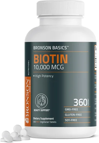 Bronson Biotina 10,000mcg, Mejora la salud del cabello, la piel y las uñas, vegetariano, sin OMG, 360 tabletas