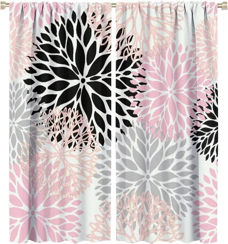 Cortinas de flores de dalia, rosa, negro, gris, abstracto, floral, bolsillo para barra, cortinas para ventana para dormitorio, sala de estar, 42 x